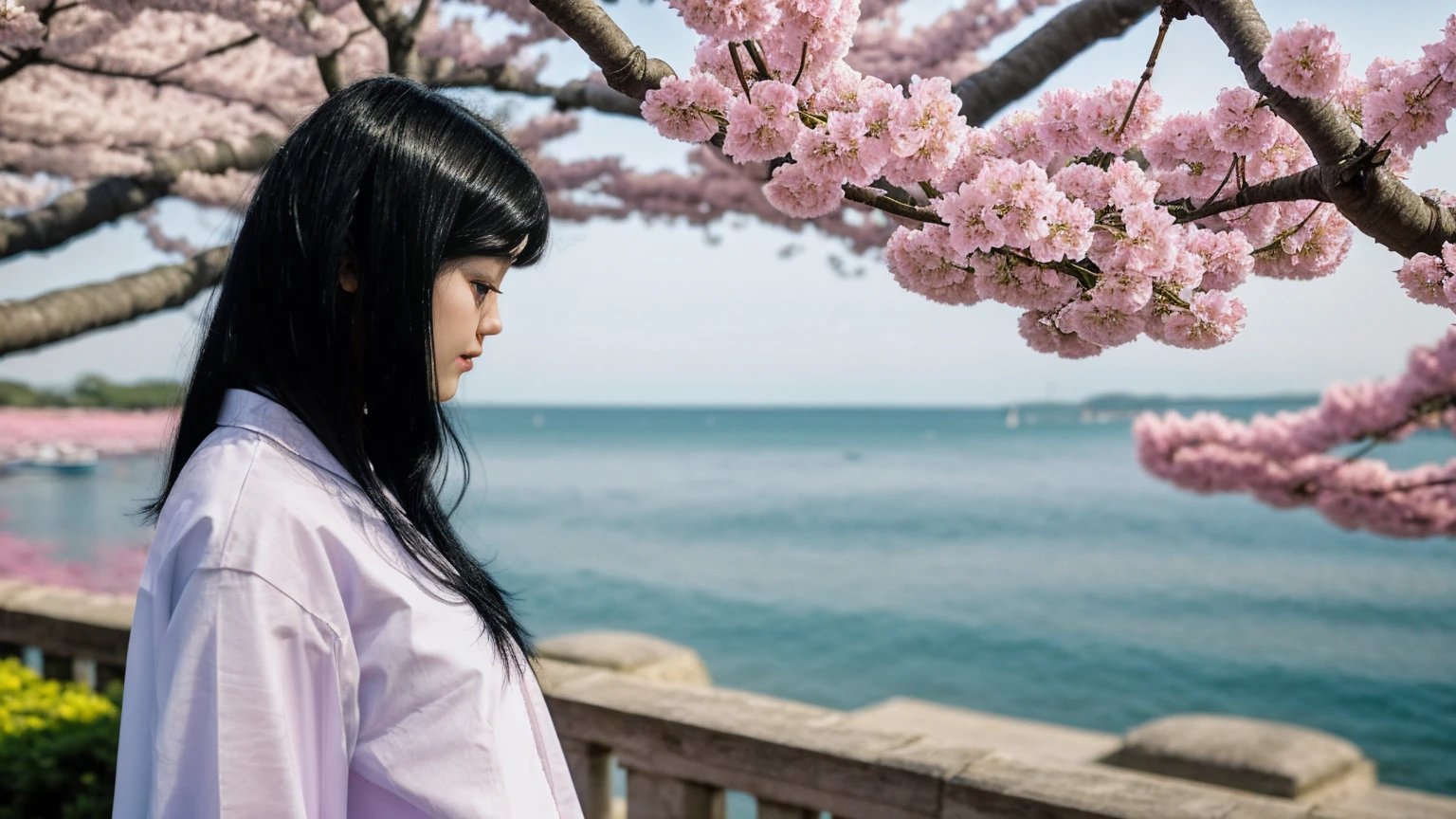 One girl,Black Hair, Floating Hair, Seaside,景color,landscape,cherry blossoms, Falling petals, Sunbeam,God's Rays,Upper Body, color,dress,kimono