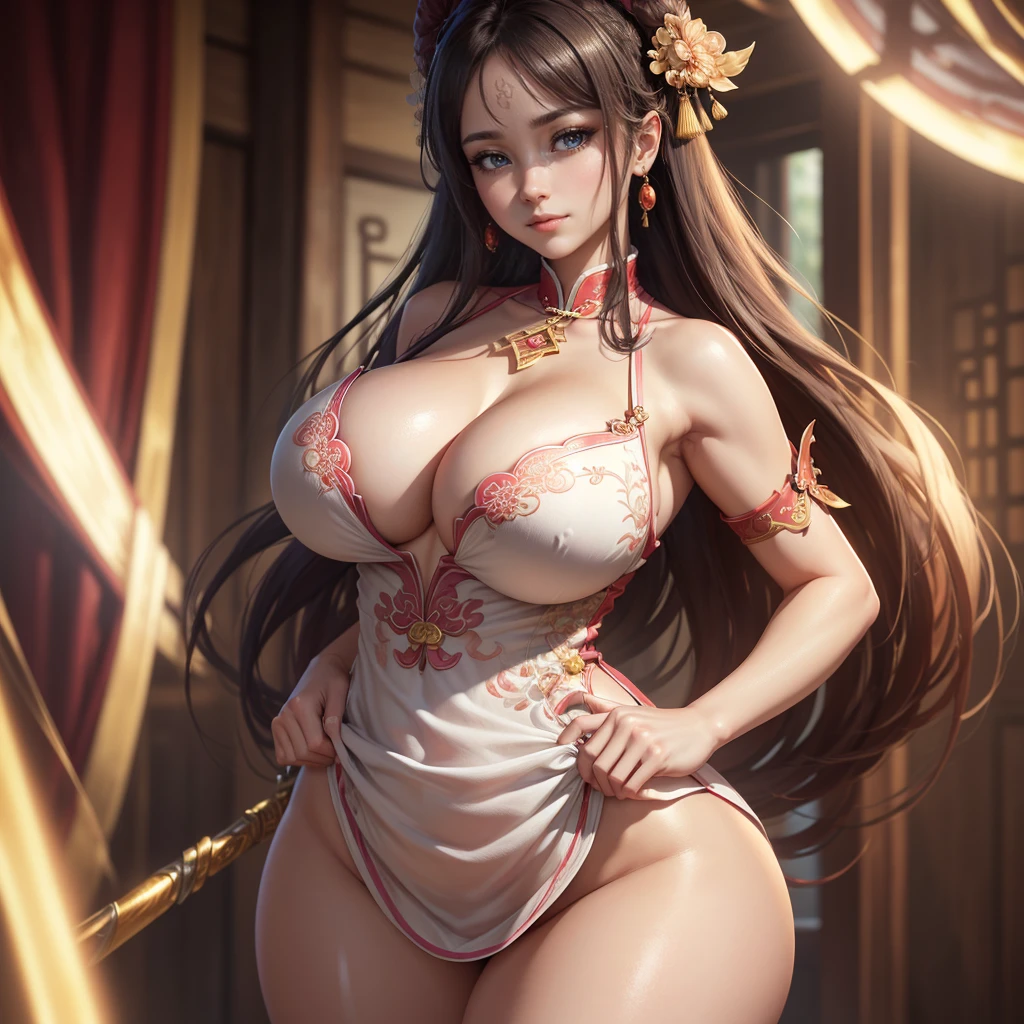 Highly detailed CG unit 8k wallpaper, masterpiece, High resolution, highest quality, highest quality real texture skin, Super Real, Digital Painting, Best image quality, 最High resolution, 8k, ((Highly detailed eyes and face)), 1girl, Beautiful eyes every detail, Full Body Shot, breast focus, Accentuate your chest, chinese style embroidery, china dress, slit, Thighs, ((disproportionate breasts, huge breasts, sagging breasts, Cleavage, gigantic breasts, Saggy breasts, Gravity-dependent breasts, long chest, Heavy chest, erect nipple)), smile, grin, ((Diao Chan, Three Kingdoms)), lewd, Prostitute, Light peach, Light purple, white,