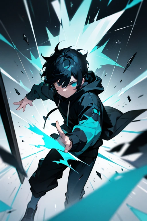 A boy of about with black hair, cyan and yellow heterochromatic eyes, wearing a black hoodie, emitting light from his eyes, making a gun shape with his fingers and firing a pale blue beam. Background: Broken window glass, sense of speed.