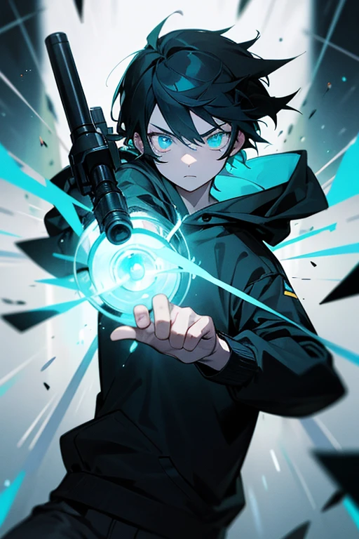 A boy of about 7 years old with black hair, cyan and yellow heterochromatic eyes, wearing a black hoodie, emitting light from his eyes, making a gun shape with his fingers and firing a pale blue beam. Background: Broken window glass, sense of speed.
