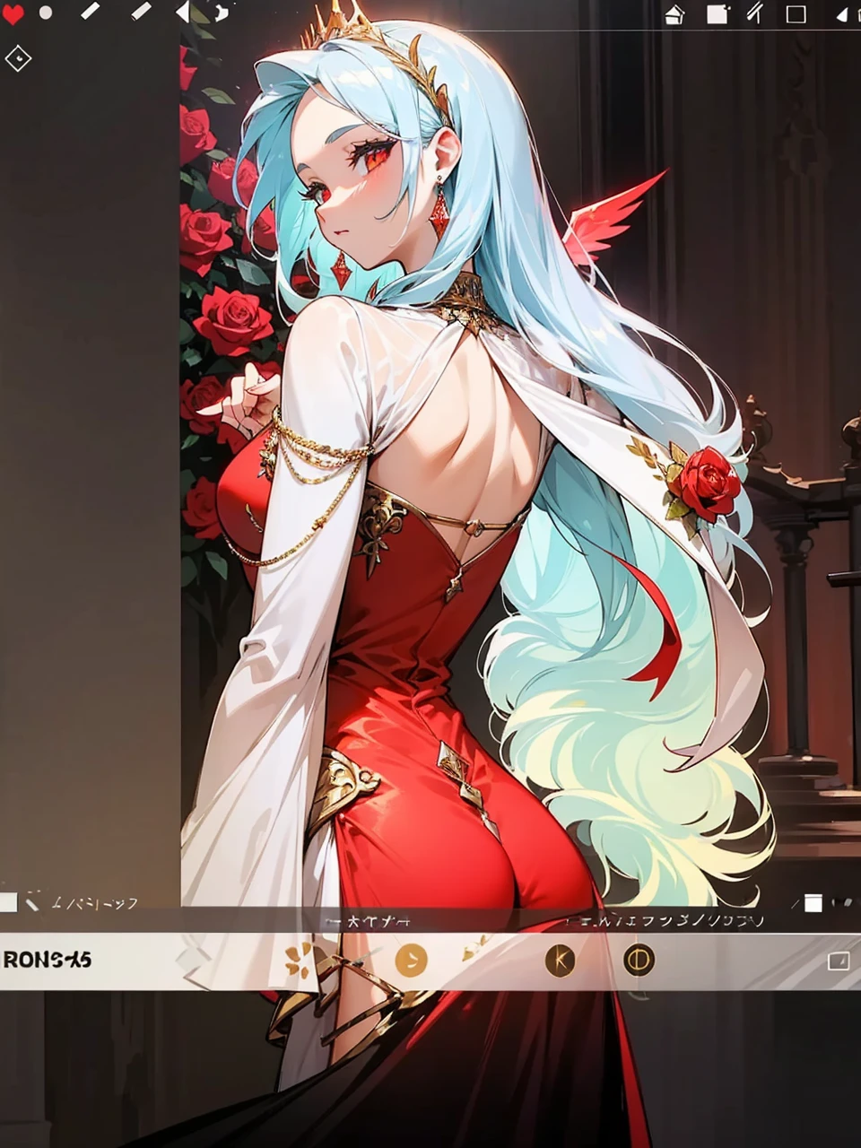 Add in roses to her dress, a good back dress design with some golden jewelry, make her dress into a red and white gown with a hat, give her some unique Jewelry, and make her look somewhat of a demonic angel like appearance to her