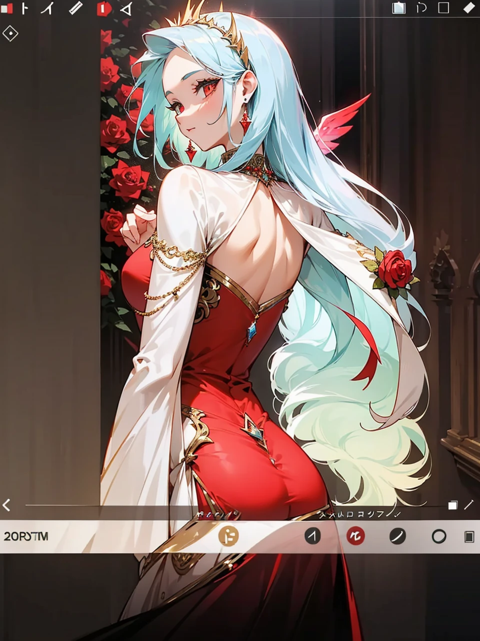 Add in roses to her dress, a good back dress design with some golden jewelry, make her dress into a red and white gown with a hat, give her some unique Jewelry, and make her look somewhat of a demonic angel like appearance to her