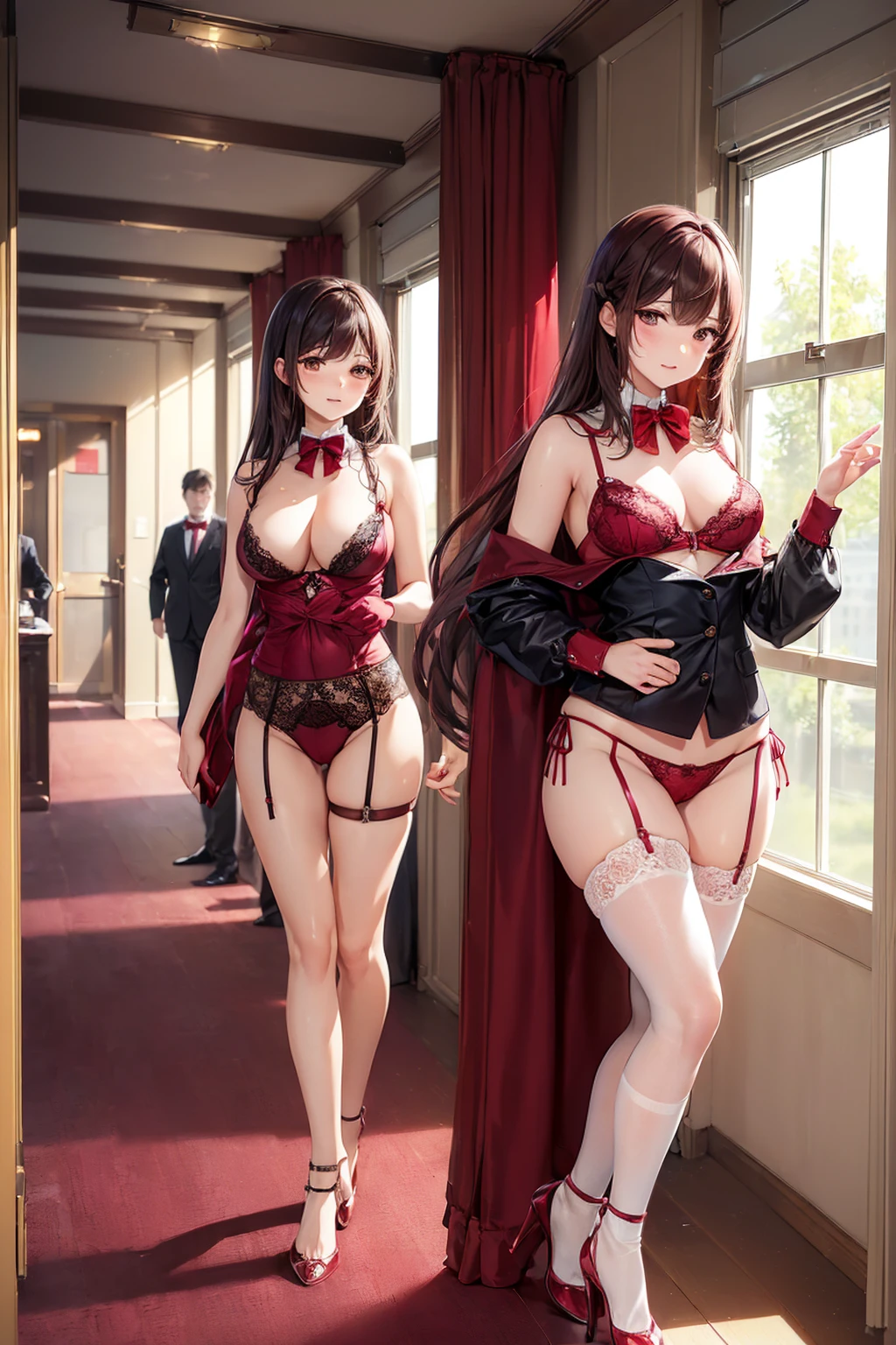 ((一人のWoman in underwearはセクシーに歩いている:1.5)), Beautiful Anime Women, Beautiful art style, Anime characters, ((Smooth texture, Realistic texture, Anime CG Style)), ((Highest quality)), (Very detailed), (Very detailed CG 統合 8k 壁紙), Very detailed, High-resolution RAW color photos, Professional photography, (Brown Hair, Stylish hairstyle:1.1), Great face and eyes, Beautiful and big breasts, Slender body, (Stunningly beautiful woman), (Detailed face:1.2), (Office corridor, There is a window in the hallway:1.4), (Many men in suits are walking in the background:1.5), ((Bow tie around neck:1.3), (Black high heels:1.1), (Sexy and cute burgundy red underwear:1.3), (Stylish shiny burgundy red satin panties, Side-tie panties, Panties with a plain Bordeaux red center and lace decoration on the sides:1.3), (Thin panties:1.3), (Bordeaux Red Micro Lace Satin Bra, Bordeaux red lace-trimmed bra, Thin bra:1.3), (lace garter belt, Garter Strings, Knee socks:1.3):1.3), (naked, Woman in underwear, 女性はブラとパンティとKnee socksとガーターベルトだけを着用:1.6), Exact number of arms, Exact number of legs, Perfect Anatomy, (Embarrassed expression, Surprised expression), Angle from the front, Exact finger count、Exact number of legs、(Exact number of arms:1.0, Exact number of hands:1.0), (Perfect hands, Perfect Anatomy)