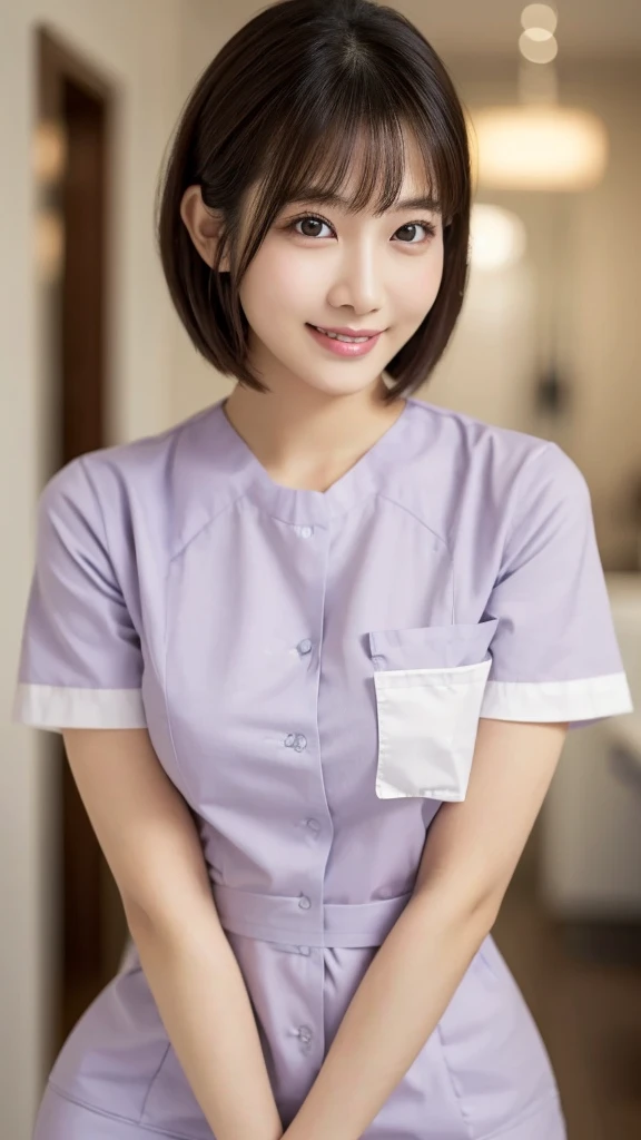 (Highest quality: 1.5), (Realistic: 1.5), (1 person: 1.5), Very detailed, High resolution, 8k,Natural color lips, Cute Smile, Japanese women, 20-year-old girl, Beautiful and elegant features, Perfect and beautiful face, Balanced big eyes, Beautiful and elegant features, Natural double eyelids, Natural Bangs, Beautiful thin nose, Beautiful Skin, Medium Bob Hair , Natural Bangs , Perfect and beautiful face, Slim face and figure, (Looking at the camera with a sweet smile), Bright lighting, Professional Lighting, Forward lighting, Beautiful feet: 1.2, Smooth Skin, Slender body, Slim waistline, slim thin thighs, Detailed clothing, (real short nurse uniform:1.2), (nurse:1.4), Ultra HD, Realistic, hospital, Light Pink