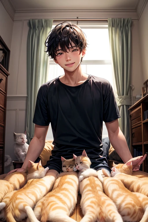 A young man and three little kittens,3 kittens,A young man surrounded by small kittens,Fresh young man,A young man with a lovely, gentle smile,Young man with his mouth wide open,Young man playing with a cat,blush,Cats surround the screen,Cat smiles too,color々Kittens of all kinds,A bright, sunny room,Inside the room,I'm in bed,Black-haired man,Straight hair man,Male around 20 years old,anime,Slender young man
