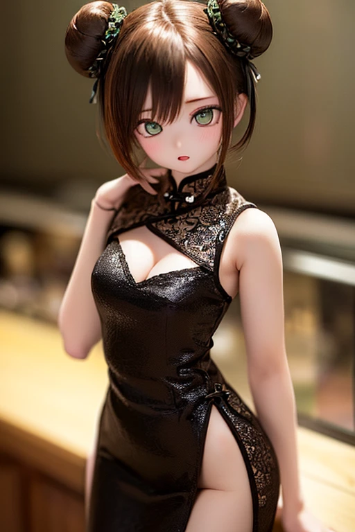 (SFW:2), photorealistic, realistic photo, 8k, ((highest quality)), ((masterpiece)), (extremely detailed), kukolnydom, doll, (woman, 19yo, 19 years old:1.6), solo, ((cowboy shot, standing, slim, slender, skinny, medium breasts, china dress, qipao, chinese restaurant)), (green eyes, brown hair, double buns, plastic skin, looking at another, glass eyes, gradient eyes, shining eyes, detailed eyes:1.3)