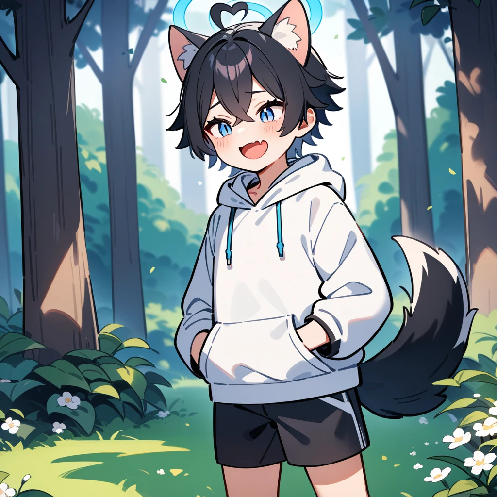 （masterpiece：1.2，high quality），4K，High resolution，A seven-year-old boy，cute boy，black hair，short hair，crossed bangs，light blue eyes，slit pupils，heart ahoge，halo，cat ears，laughing，skin fang，Wearing a white hoodie，Black shorts，Stand in the forest，There are flowering trees on both sides.，primary school student，thigh，alone，dog tail，（Put your hands in your pockets），（（Put your hands in your pockets））