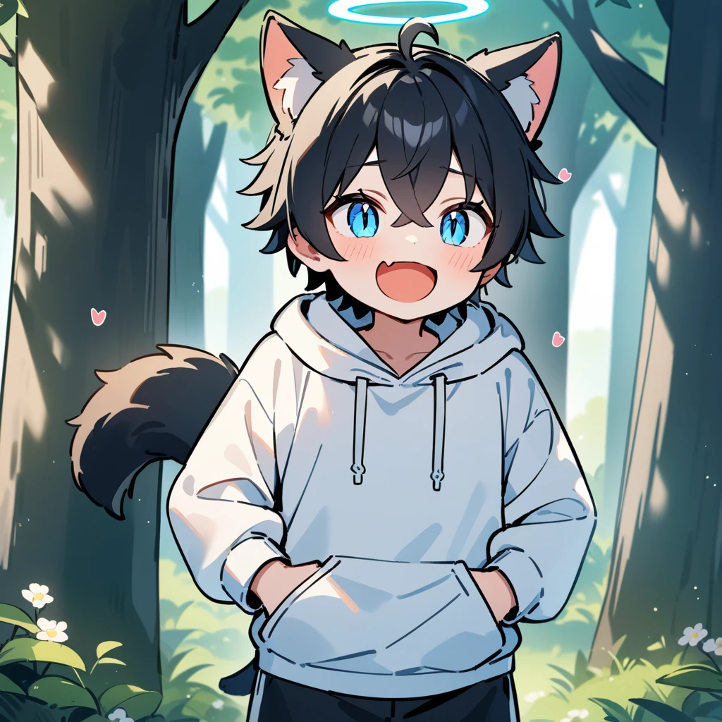 (masterpiece:1.2,high quality),4K,High resolution,A seven-year-old boy,cute boy,black hair,short hair,crossed bangs,light blue eyes,slit pupils,heart ahoge,halo,cat ears,laughing,skin fang,Wearing a white hoodie,Black shorts,Stand in the forest,There are flowering trees on both sides.,primary school student,thigh,alone,dog tail,(Put your hands in your pockets),((Put your hands in your pockets))