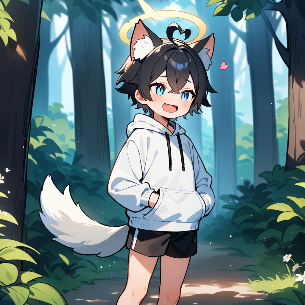 (masterpiece:1.2,high quality),4K,High resolution,A seven-year-old boy,cute boy,black hair,short hair,crossed bangs,light blue eyes,slit pupils,heart ahoge,halo,cat ears,laughing,skin fang,Wearing a white hoodie,Black shorts,Stand in the forest,There are flowering trees on both sides.,primary school student,thigh,alone,dog tail,(Put your hands in your pockets),((Put your hands in your pockets))