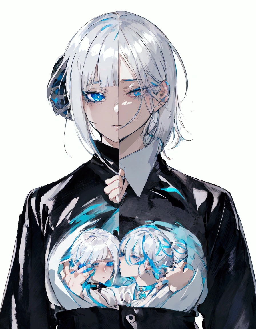 anime girl with white hair and blue eyes wearing a black and white shirt, girl with short white hair, anime style character, style anime, anime style. 8k, clean detailed anime style, guweiz, anime styled, high quality anime artstyle, artwork in the style of guweiz, anime character, detailed anime character art, anime style portrait