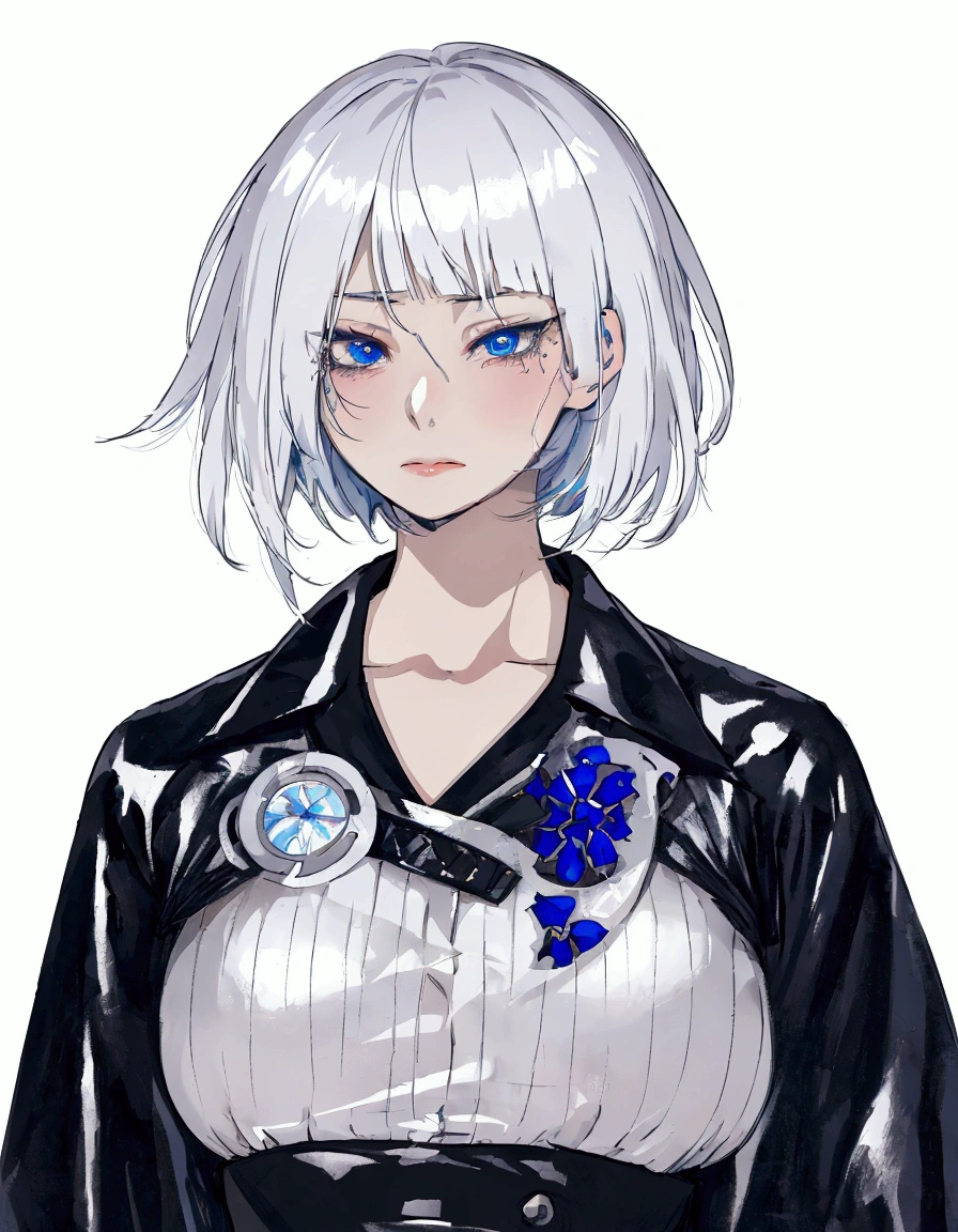 anime girl with white hair and blue eyes wearing a black and white shirt, girl with short white hair, anime style character, style anime, anime style. 8k, clean detailed anime style, guweiz, anime styled, high quality anime artstyle, artwork in the style of guweiz, anime character, detailed anime character art, anime style portrait