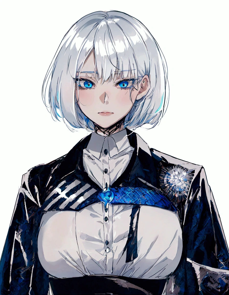 anime girl with white hair and blue eyes wearing a black and white shirt, girl with short white hair, anime style character, style anime, anime style. 8k, clean detailed anime style, guweiz, anime styled, high quality anime artstyle, artwork in the style of guweiz, anime character, detailed anime character art, anime style portrait