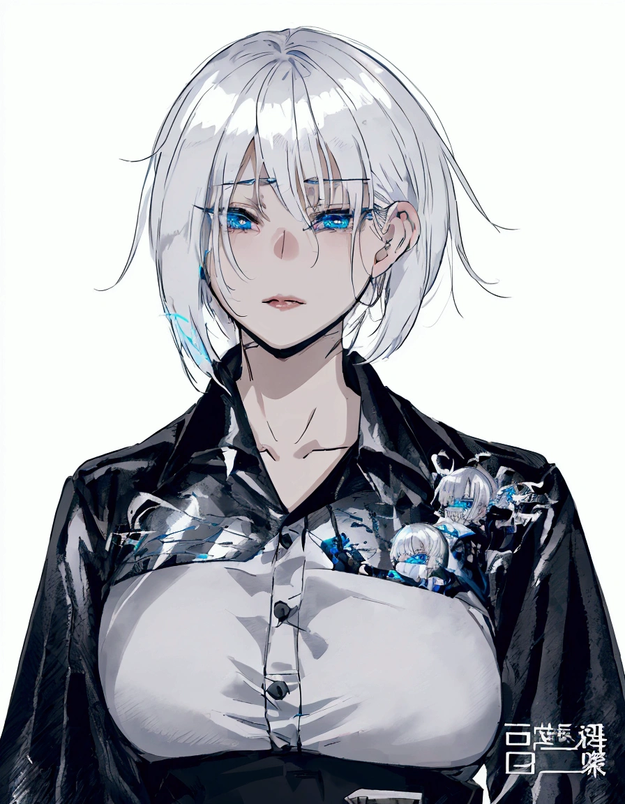 anime girl with white hair and blue eyes wearing a black and white shirt, girl with short white hair, anime style character, style anime, anime style. 8k, clean detailed anime style, guweiz, anime styled, high quality anime artstyle, artwork in the style of guweiz, anime character, detailed anime character art, anime style portrait