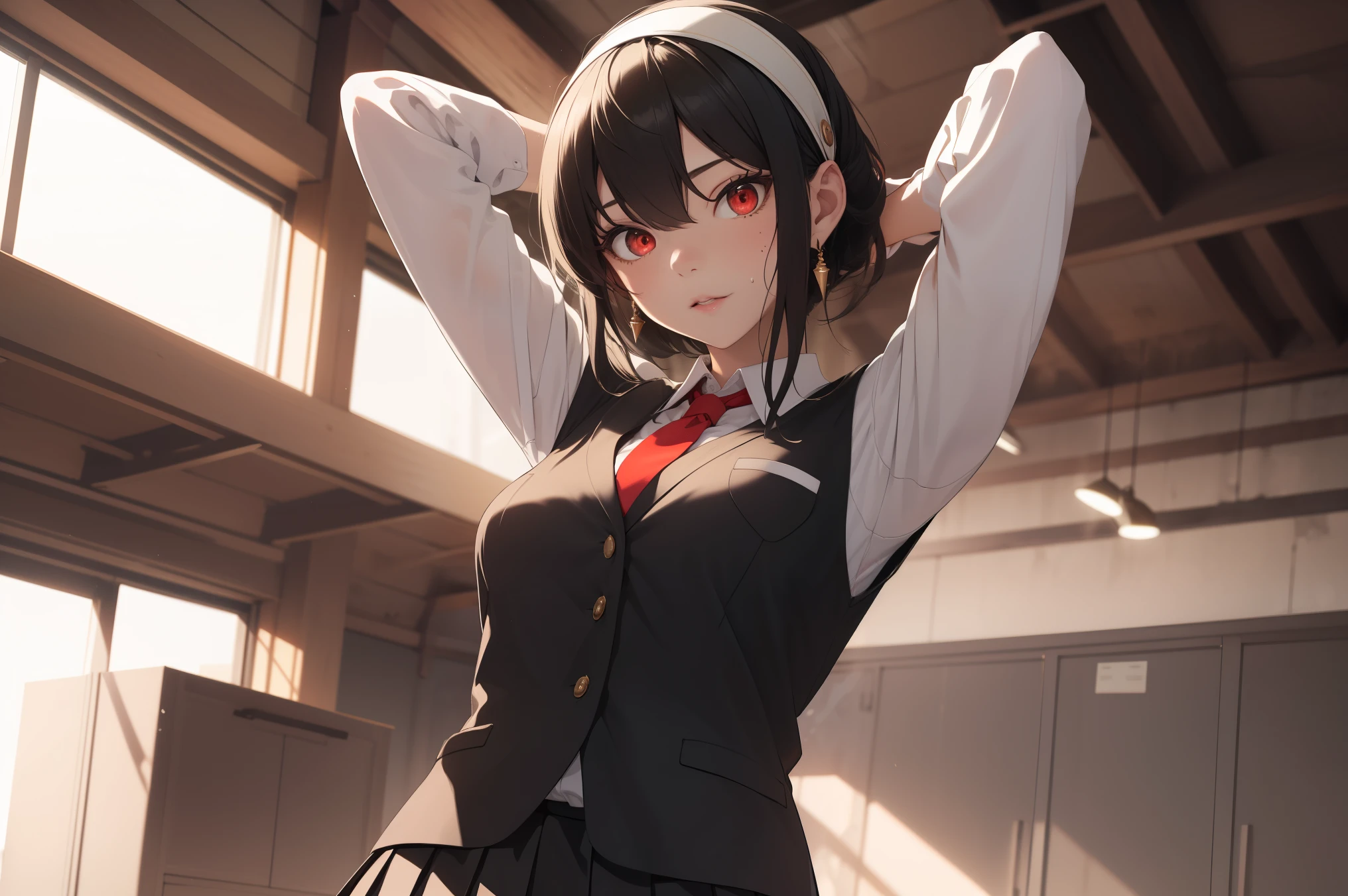 bbyorf, short hair with long locks, white hairband, ((red eyes:1.5)), gold earrings,
BREAK (school uniform, white shirt, brown vest, long sleeves, red necktie, pleated skirt, black skirt, white thighhighs, loafers:1.2),
BREAK arms up,armpit, sweating,
BREAK (masterpiece:1.2), best quality, high resolution,NSW ,unity 8k wallpaper, (illustration:0.8), (beautiful detailed eyes:1.6), extremely detailed face, perfect lighting, extremely detailed CG, (perfect hands, perfect anatomy),
