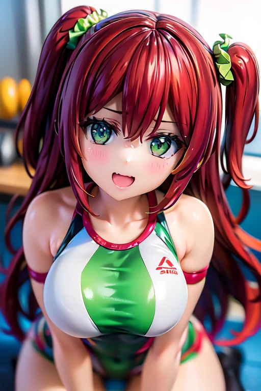 Highest quality, masterpiece, Highly detailed CG, Official Art , Professional Lighting, (sakimiyairuka), One side up, Green scrunchie, hair ornaments, Redhead, Green Eyes, Perfect Face, Glowing Skin, between legs,(leotard), wariza, Gym, from the front