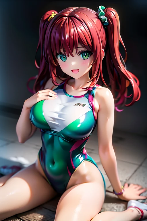 Highest quality, masterpiece, Highly detailed CG, Official Art , Professional Lighting, (sakimiyairuka), One side up, Green scrunchie, hair ornaments, Redhead, Green Eyes, Perfect Face, Glowing Skin, between legs,(leotard), wariza, Gym, from the front