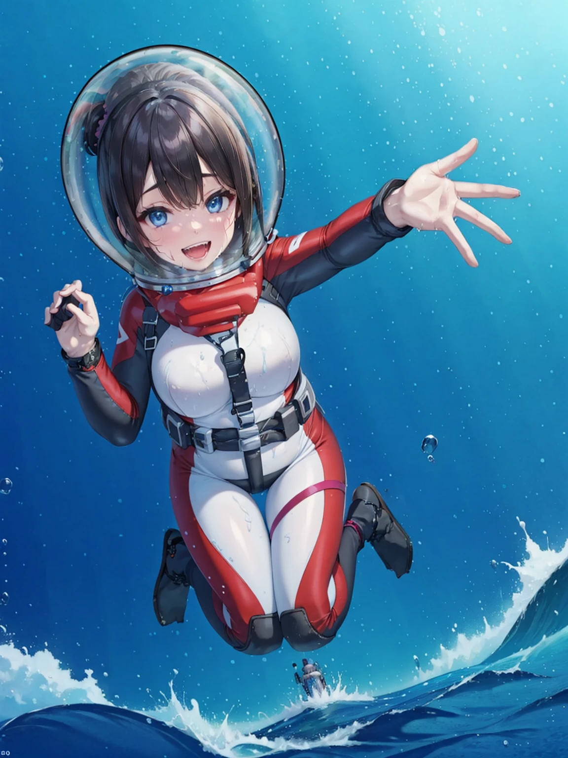 (masterpiece: 1.3), (best quality: 1.3), (high resolution: 1.3), (highly detailed: 1.3), (8k: 1.3), hair between the eyes, skin_fang, blue eyes, silver hair, , small_tits, (blue bow: 0.8), (leather fangs: 1.2), open mouth, (grinning eyes: 1.1), (bent over :1.1),(outstretched hand:1.3),(partially submerged:1.1 ),(whole body soaked:1.1),(splash:1.1),(sea:1.2),(view:1.2),(from_bottom:1.2), (cinematic_angle:1.2),,astronaut, spacesuit, space helmet, bubble helmet, eva helm,rikka takarada, black hair, blue eyes, short hair, orange scrunchie, scrunchie, wrist scrunchie