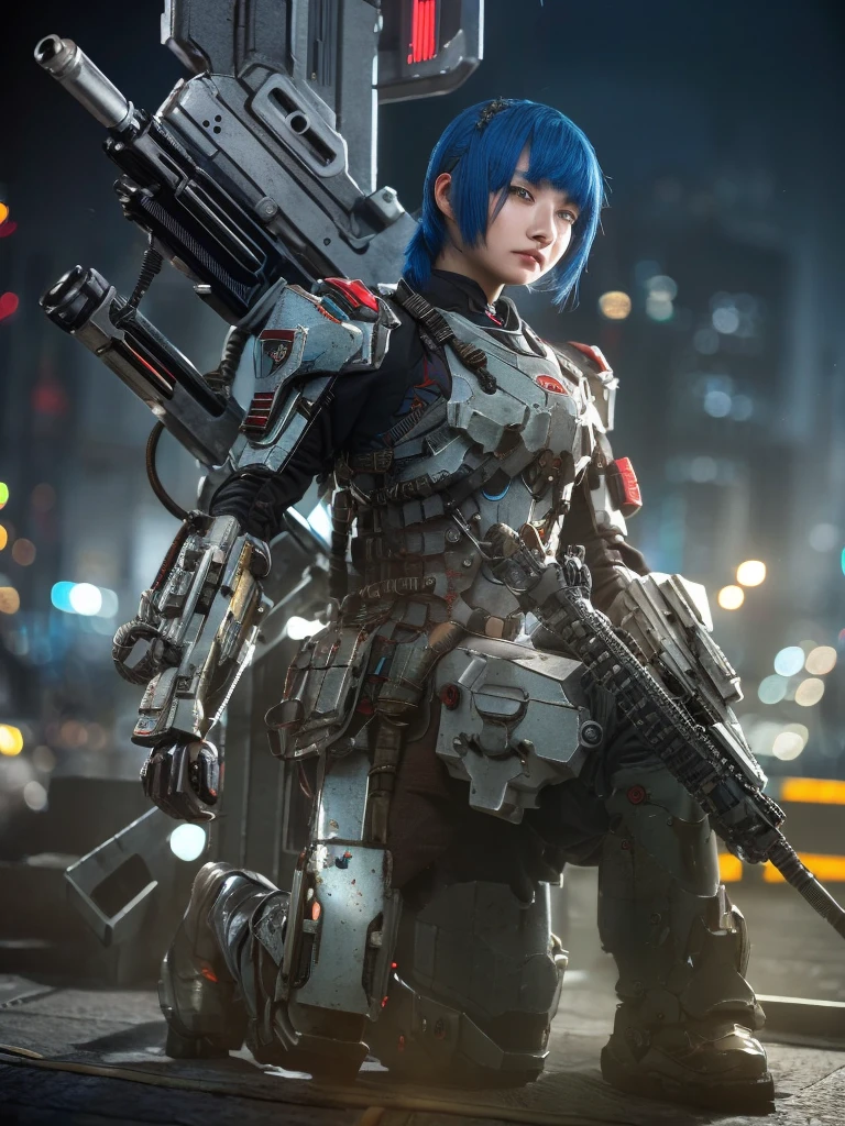 (top-quality:1.2, masterpiece), ultra high resolution, (Photorealsitic:1.4),, (bird-type mechanical heavy armor), (mechanical armor:1.3), light red base with silver and bronze accent, 1 Japanese female soldier, extremely realistic face, (blue hair), ((ultimately intricate all details)), (whole body picture), realistic shadow, octan render, 8K, ultrasharp, character edge light, Details of complex ornaments, Hydraulic cylinder, power cable, dystopia with a beautiful view at night,