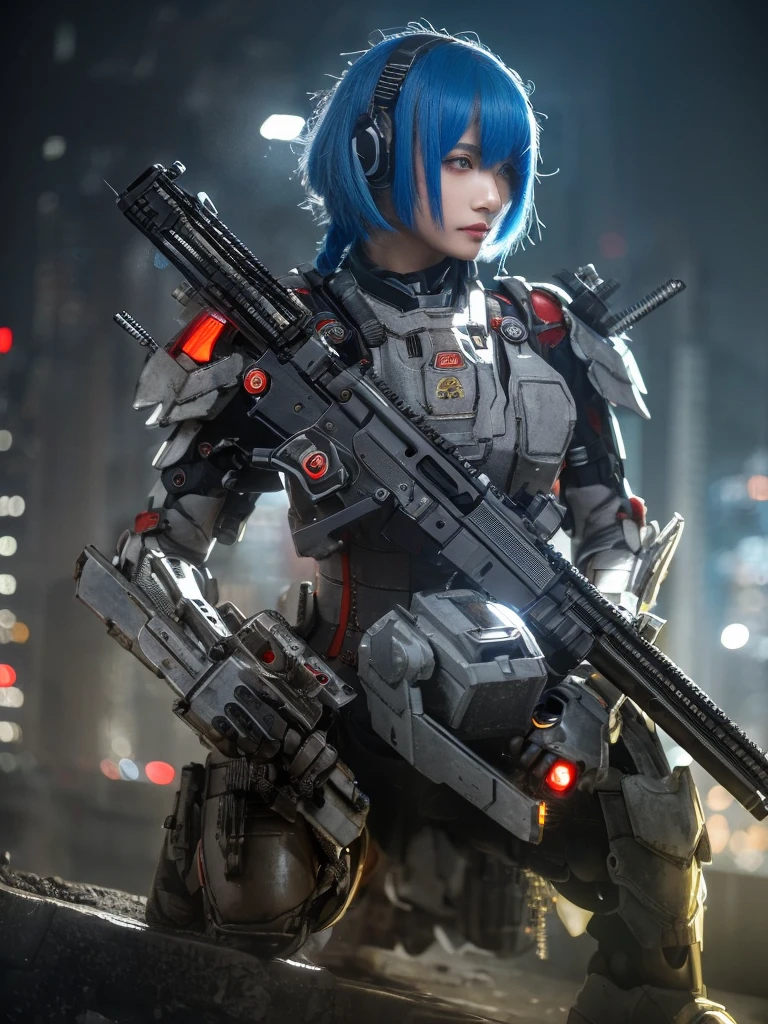 (top-quality:1.2, masterpiece), ultra high resolution, (Photorealsitic:1.4),, (bird-type mechanical heavy armor), (mechanical armor:1.3), light red base with silver and bronze accent, 1 Japanese female soldier, extremely realistic face, (blue hair), ((ultimately intricate all details)), (whole body picture), realistic shadow, octan render, 8K, ultrasharp, character edge light, Details of complex ornaments, Hydraulic cylinder, power cable, dystopia with a beautiful view at night,