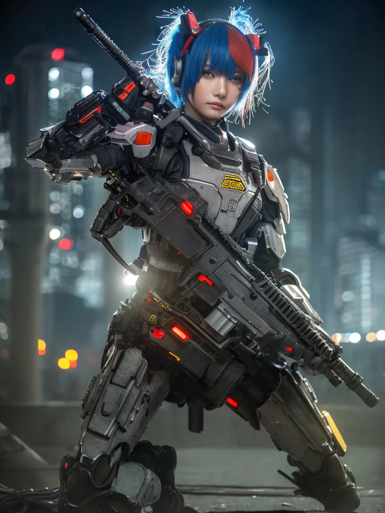 (top-quality:1.2, masterpiece), ultra high resolution, (Photorealsitic:1.4),, (bird-type mechanical heavy armor), (mechanical armor:1.3), light red base with silver and bronze accent, 1 Japanese female soldier, extremely realistic face, (blue hair), ((ultimately intricate all details)), (whole body picture), realistic shadow, octan render, 8K, ultrasharp, character edge light, Details of complex ornaments, Hydraulic cylinder, power cable, dystopia with a beautiful view at night,