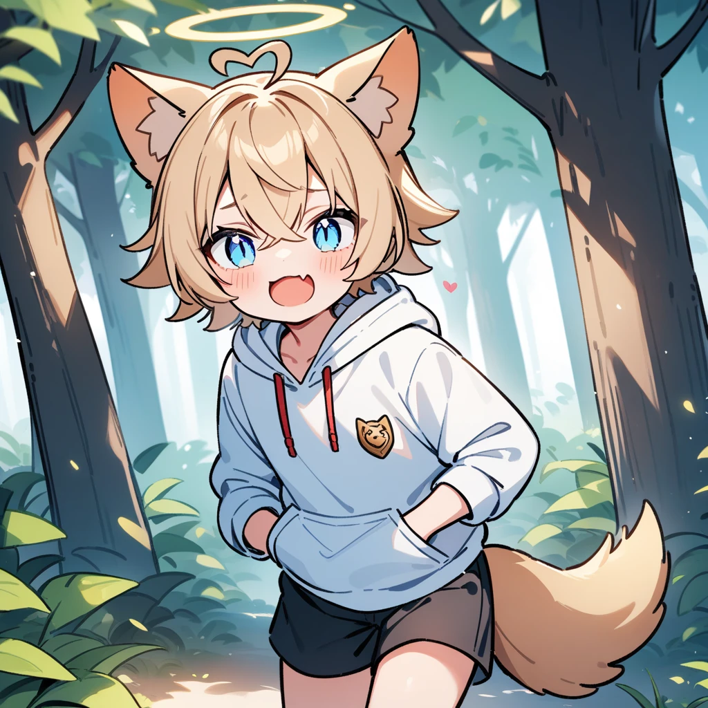 （masterpiece：1.2，high quality），4K，High resolution，A seven-year-old boy，cute boy，light brown hair，short hair，crossed bangs，light blue eyes，slit pupils，heart ahoge，halo，cat ears，laughing，skin fang，Wearing a white hoodie，Black shorts，Stand in the forest，There are flowering trees on both sides.，primary school student，thigh，alone，dog tail，（Put your hands in your pockets），（（Put your hands in your pockets））