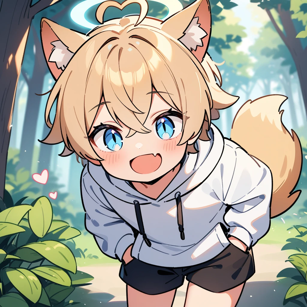 (masterpiece:1.2,high quality),4K,High resolution,A seven-year-old boy,cute boy,light brown hair,short hair,crossed bangs,light blue eyes,slit pupils,heart ahoge,halo,cat ears,laughing,skin fang,Wearing a white hoodie,Black shorts,Stand in the forest,There are flowering trees on both sides.,primary school student,thigh,alone,dog tail,(Put your hands in your pockets),((Put your hands in your pockets))