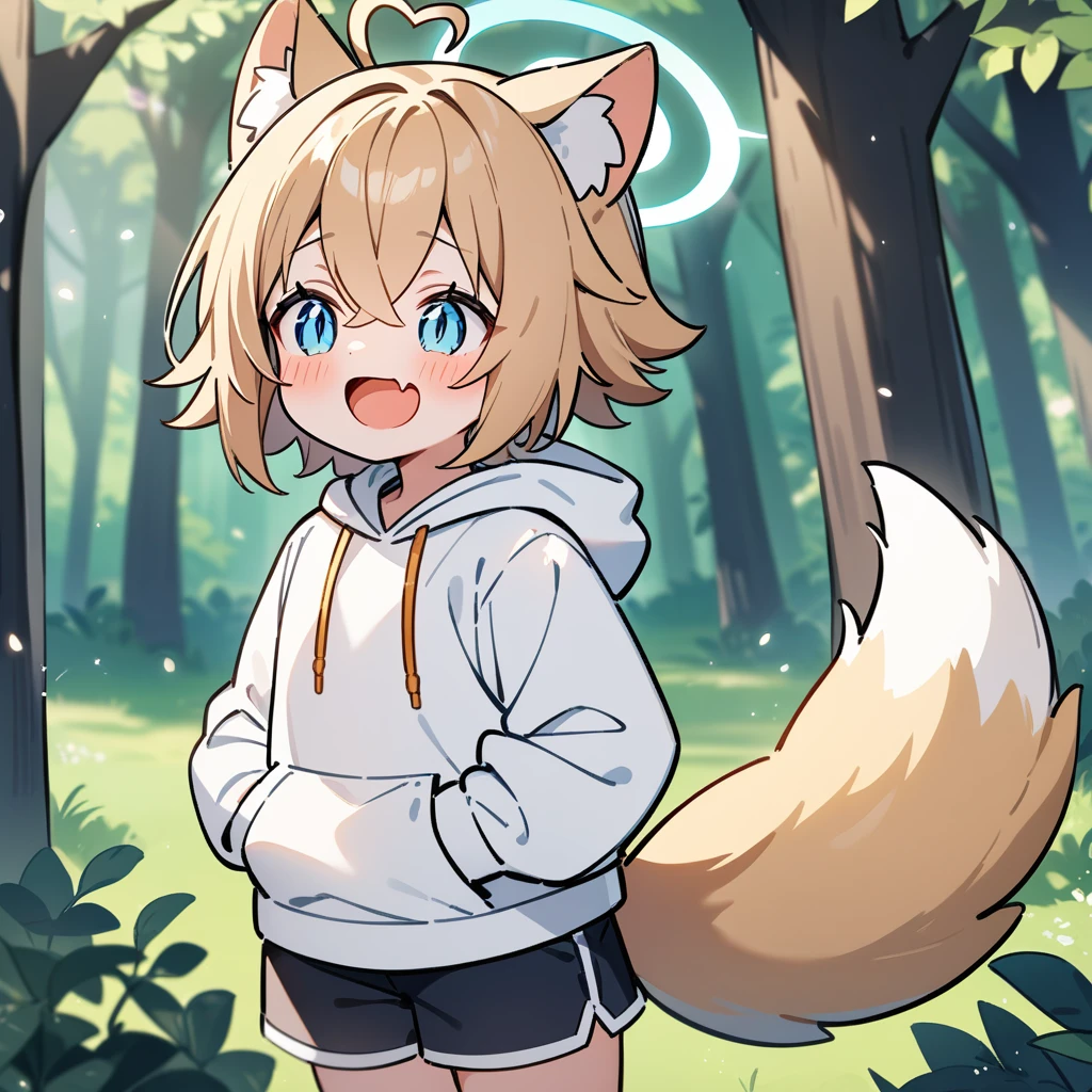 (masterpiece:1.2,high quality),4K,High resolution,A seven-year-old boy,cute boy,light brown hair,short hair,crossed bangs,light blue eyes,slit pupils,heart ahoge,halo,cat ears,laughing,skin fang,Wearing a white hoodie,Black shorts,Stand in the forest,There are flowering trees on both sides.,primary school student,thigh,alone,dog tail,(Put your hands in your pockets),((Put your hands in your pockets))