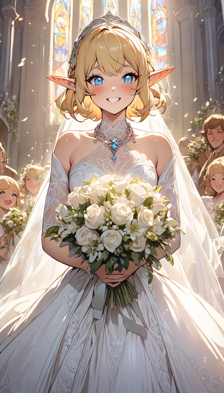 blonde hair, short hair, jewelry, bead necklace, mismatched pupils, longeyelashes, (pointy ears), happy, by Alfons Mucha, reflection light, masterpiece, accurate, textured skin, high details, best quality, super detail, highres, (elf), wedding dress, Grab the bouquet and bring it to her chest, At the church, solo