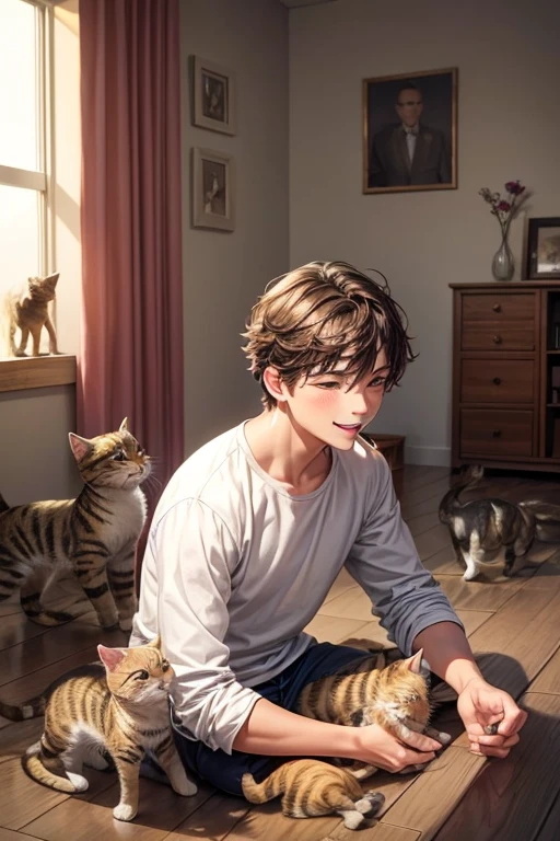 A young man and three little kittens,3 kittens,A young man surrounded by small kittens,Fresh young man,A young man with a lovely, gentle smile,Young man with his mouth wide open,Young man playing with a cat,blush,Cats surround the screen,Cat smiles too,color々Kittens of all kinds,A bright, sunny room,Inside the room,I'm in bed,Black-haired man,Straight hair man,Male around 20 years old,anime,Slender young man