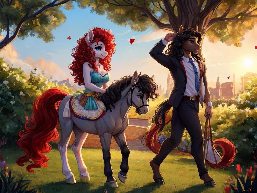 My Little Pony, Couple, Valentine Day, Pony couple meeting in the park, [male pony: ((gray fur)), ((long mane)), ((black mane)), ((black tail)), ((long tail)), ((piercing on ear))], [Female pony: ((yellow fur)), ((curly hair)), ((red mane)), (curly tail), ((red tail))], ((Obra de arte)), ((alta definição)), Hooves, [Fundo: Parque, árvores, lamparinas, pássaros voando, céu, núvens, sol, ponies walking through the park]