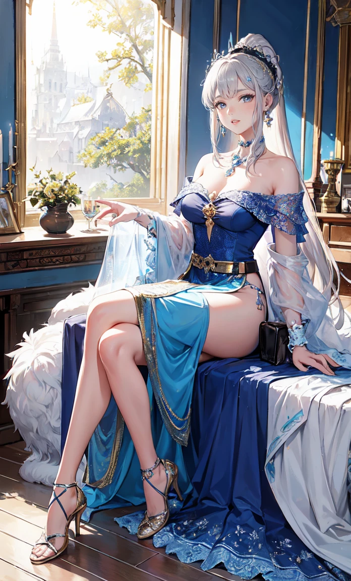 Noble Mansion,(gray hair:2.0),The ponytail is straight and tall.,Gold headband,stand close.,dream world, woman,(blue eyesฟีนิกซ์เรียวยาว,lipstick,Long eyelashes),Long eyelashes,contact lens,Gemstone Gold Necklace,(Off-the-shoulder blue fur dress,top of fur pipe,Strapless fur,wide wrist,long skirt,belt:2.0),top of fur pipe(big breastoom Background,(Soft light and shadow:1.9),High-heeled shoes made of fur,elegant high heels,Detailedly drawn background,holy goddess,มายากลal effect,silver hair,blue eyes,transparent dress,exquisite decoration,Features of the มายากลal costumes of the heavens,a small amount of blue cloth,exquisite clothes,Floor skirt,lace details,Delicate ruffles,bedroom,alone,at night,Lace stockings,sacred strip,transparent clothes,decorated with jewelry,