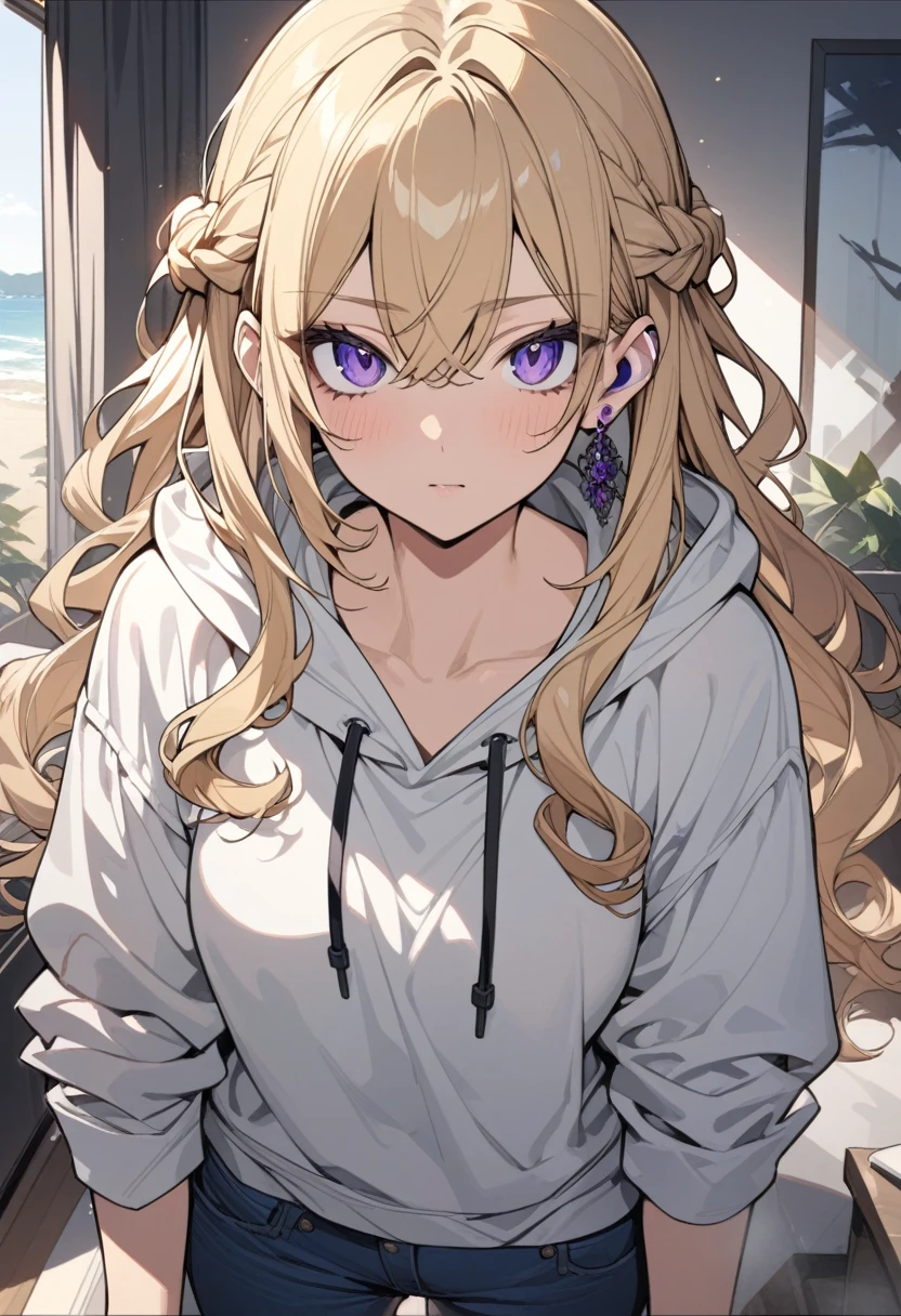 masterpiece, best quality, extremely detailed, ultra detailed, flat anime, 2D, 1girl, (young adult:1.2),blonde hair, (semi-long hair:1.2), curly hair, french braid, medium breasts, tsurime, purple eyes, height 1.7meters, white hooded sweatshirt, jeans, earring,bracelet, long sleeves, earphone, jitome, portrait, upper body, looking at viewer, facing viewer, summer, livingroom, 12AM., standing
