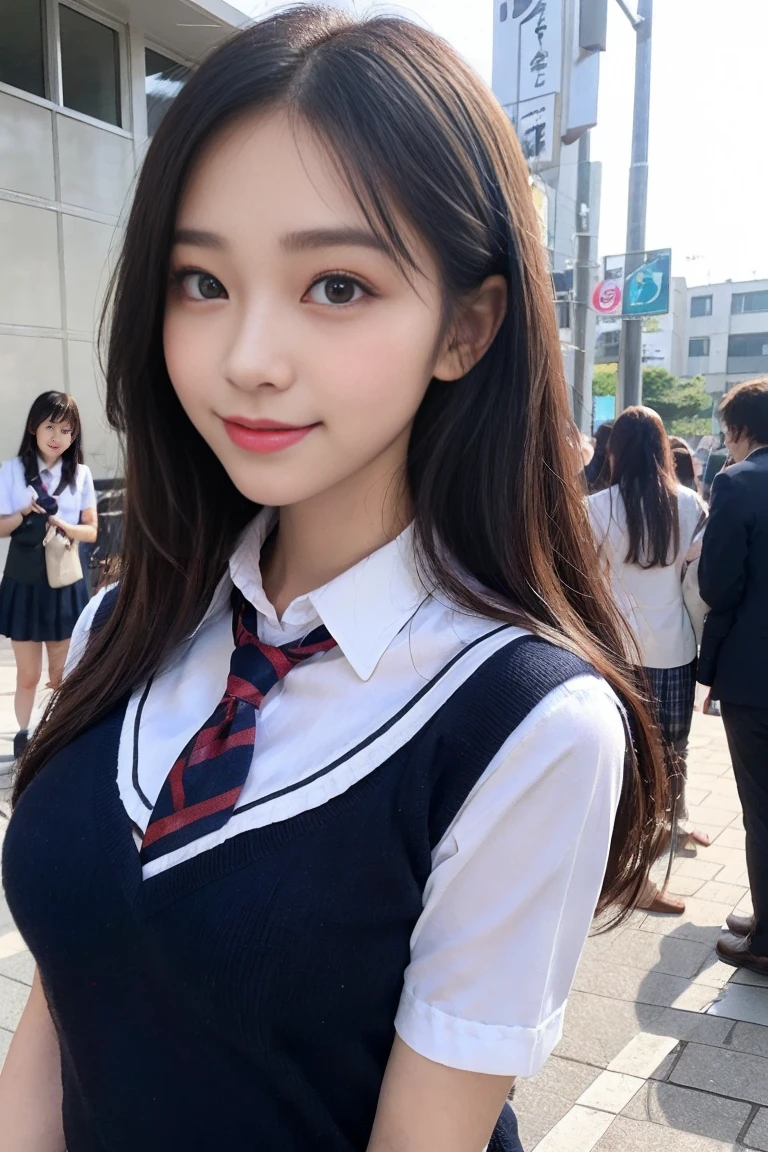 solve, 1 girl, Looking at the audience,Young and beautiful Japan woman, Very cute face, Gorgeous appearance, Big Breasts,Long Bob Hair,smile,(school uniform:1.3),Beautiful Eyes,(that&#39;the wind is strong:1.3), 混雑した道をsmileで歩く,Glossy Lips, Double eyelids on both eyes, Natural Makeup, Long eyelashes, 艶やかで滑らかなライトブラウンのLong Bob Hair, Asymmetrical bangs, Glowing Skin, Center image, 高solve, Attention to detail, Detailed hairstyle, Detailed face, Great cinema lighting, Octane Rendering, Vibrant, Surreal, Perfect limbs, Perfect Anatomy, Spread your hair、Slender beauty:1.4、((Saggy breasts:1.4))、Exposing breasts、Slim Abs、Tight waist、(smile:1.2) 、(Pleated mini skirt、Tuck up the hem of your skirt:1.2))、thin and long beautiful legs、Legs wide open、(See-through black stockings:1.2)、(Lace panties:1.2、Beautiful pussy exposed、Take off、pussy creampie、pubic hair:1.1)、(From below:1.2)、Backlight、