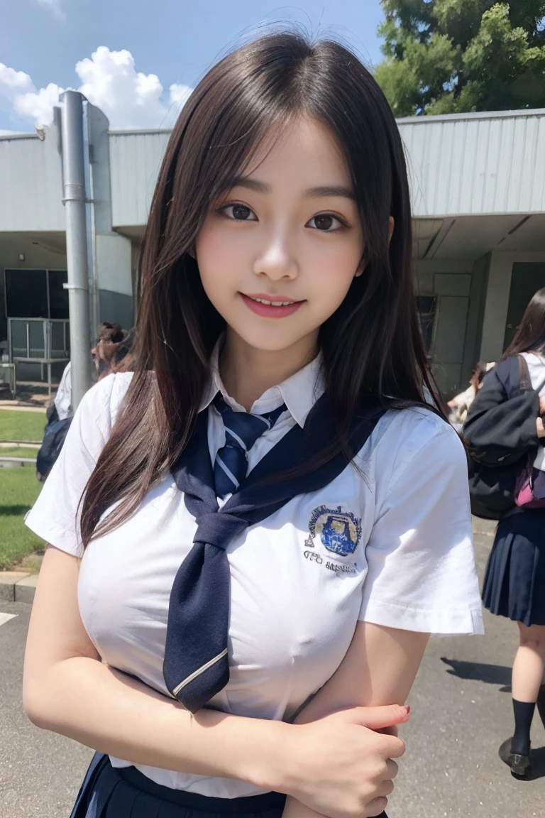 solve, 1 girl, Looking at the audience,Young and beautiful Japan woman, Very cute face, Gorgeous appearance, Big Breasts,Long Bob Hair,smile,(school uniform:1.3),Beautiful Eyes,(that&#39;the wind is strong:1.3), 混雑した道をsmileで歩く,Glossy Lips, Double eyelids on both eyes, Natural Makeup, Long eyelashes, 艶やかで滑らかなライトブラウンのLong Bob Hair, Asymmetrical bangs, Glowing Skin, Center image, 高solve, Attention to detail, Detailed hairstyle, Detailed face, Great cinema lighting, Octane Rendering, Vibrant, Surreal, Perfect limbs, Perfect Anatomy, Spread your hair、Slender beauty:1.4、((Saggy breasts:1.4))、Exposing breasts、Slim Abs、Tight waist、(smile:1.2) 、(Pleated mini skirt、Tuck up the hem of your skirt:1.2))、thin and long beautiful legs、Legs wide open、(See-through black stockings:1.2)、(Lace panties:1.2、Beautiful pussy exposed、Take off、pussy creampie、pubic hair:1.1)、(From below:1.2)、Backlight、