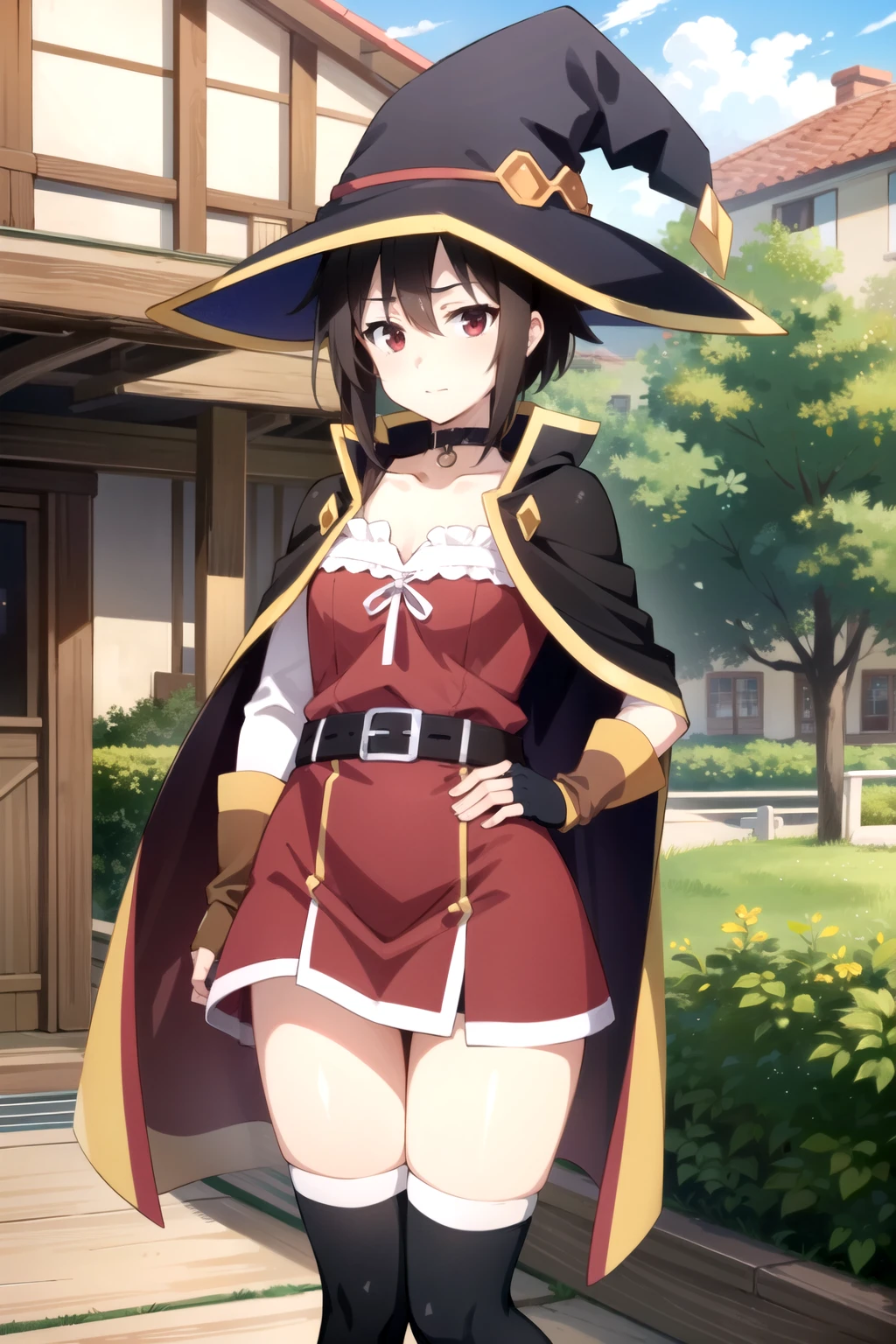 expensive body, expensive, Long legs, mature female, mature, Adult, It is_KonoSuba_Megumi, One girl, Megumiん, witch Have, Have, alone, Red eyes, Knee socks, Cape, シングルKnee socks, dress, belt, bandage, black Knee socks, short hair, red dress, View your viewers, fingerless gloves, Black Hair, bandageを巻いた足, collar, gloves, short hair with long locks, wood, Asymmetrical legwear, Brown Hair, Outdoor, choker, Mismatched legwear, collarbone