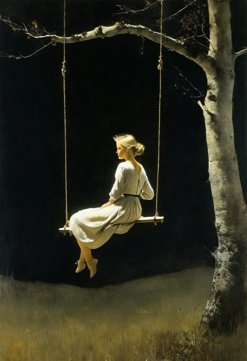 This Andrew Wyeth - The Art of Andrew Wyeth - with a muted floral palette and dry brush technique that creates a feeling of calm.(animation. perfect body anatomy. Girl on a swing, tied to a crescent moon, night, Romance, fairytale background) (minimalism: 1) . Dietary composition, ideal body anatomy.
