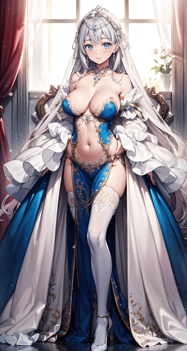 (best quality,4K,8k,high resolution,Masterpiece:1.2),very detailed,milf,,magic,charming,happiness,holy goddess,magical effect,silver hair,blue eyes,transparent dress,exquisite decoration,Features of the magical costumes of the heavens,a small amount of blue cloth,exquisite clothes,Floor skirt,lace details,Delicate ruffles,bedroom,alone,at night,Lace stockings,sacred strip,transparent clothes,decorated with jewelry, big breasts,Show your breasts,The cracks are clear....,((big tits)),(pubic bone), rift, visible chest,seductive pose,I see bulging nipples.,(((large areolae:1.4,pink,The nipples are clearly visible.......)))