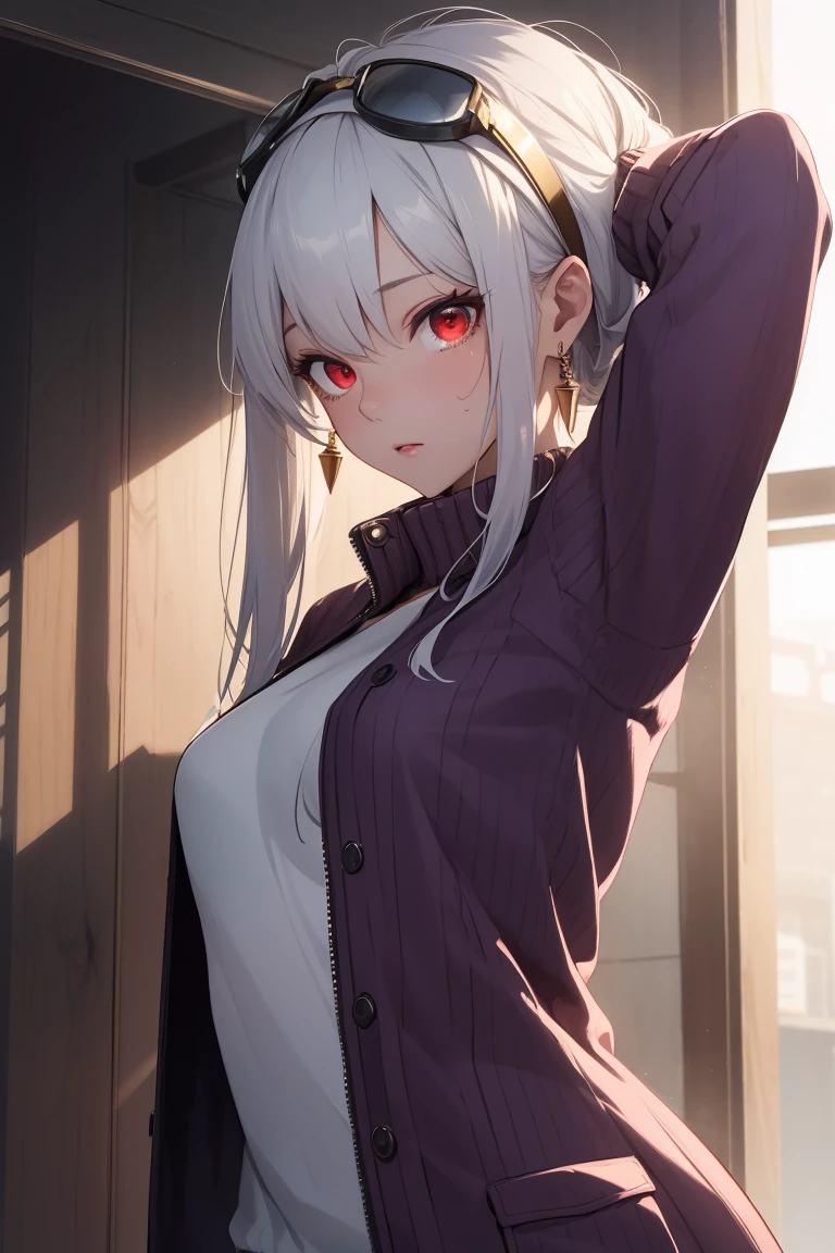 bbyorf, short hair with long locks, white hairband, ((red eyes:1.5)), gold earrings,
BREAK (long sleeves, purple jacket, open clothes, sweater, coat, eyewear on head, ribbed sweater, purple sweater:1.2),
BREAK arms up,armpit, sweating,
BREAK (masterpiece:1.2), best quality, high resolution,NSW ,unity 8k wallpaper, (illustration:0.8), (beautiful detailed eyes:1.6), extremely detailed face, perfect lighting, extremely detailed CG, (perfect hands, perfect anatomy),