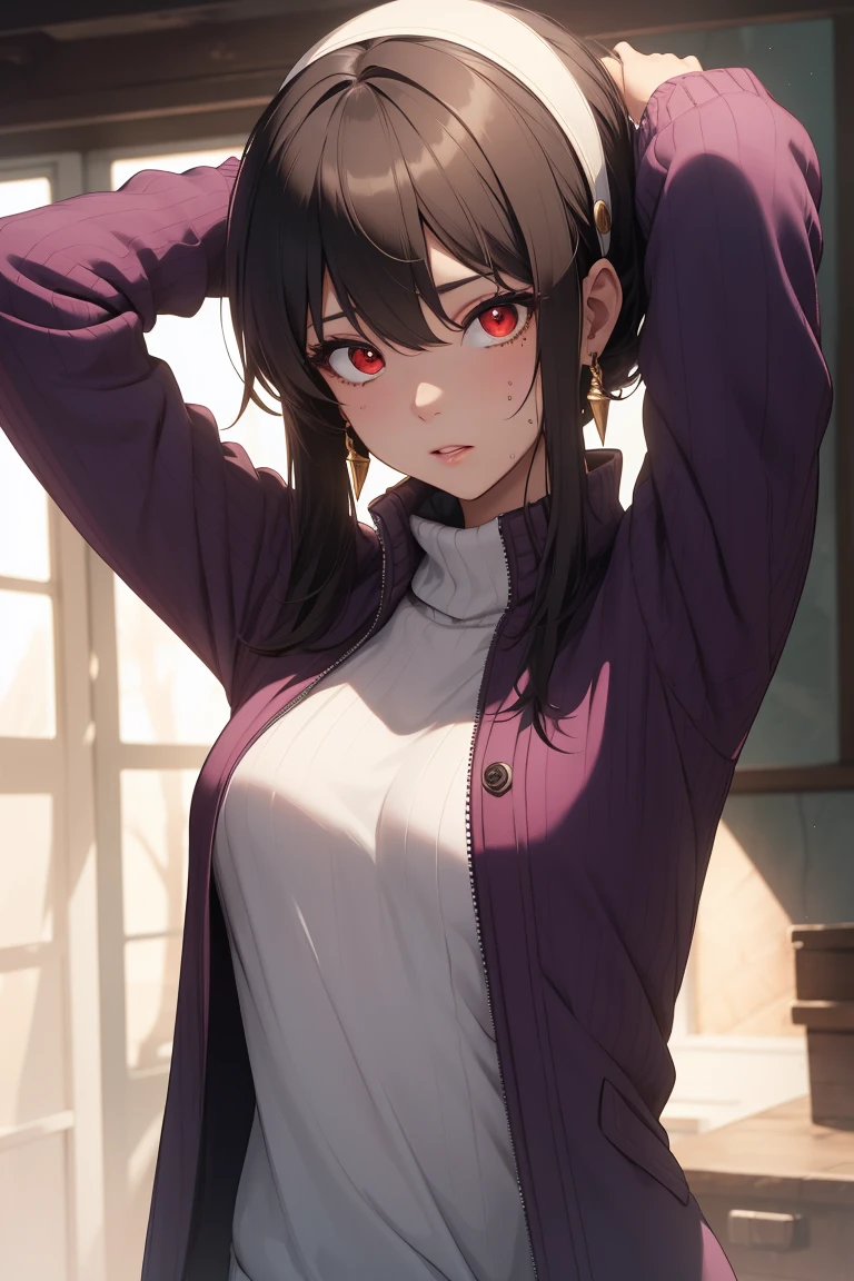 bbyorf, short hair with long locks, white hairband, ((red eyes:1.5)), gold earrings,
BREAK (long sleeves, purple jacket, open clothes, sweater, coat, eyewear on head, ribbed sweater, purple sweater:1.2),
BREAK arms up,armpit, sweating,
BREAK (masterpiece:1.2), best quality, high resolution,NSW ,unity 8k wallpaper, (illustration:0.8), (beautiful detailed eyes:1.6), extremely detailed face, perfect lighting, extremely detailed CG, (perfect hands, perfect anatomy),