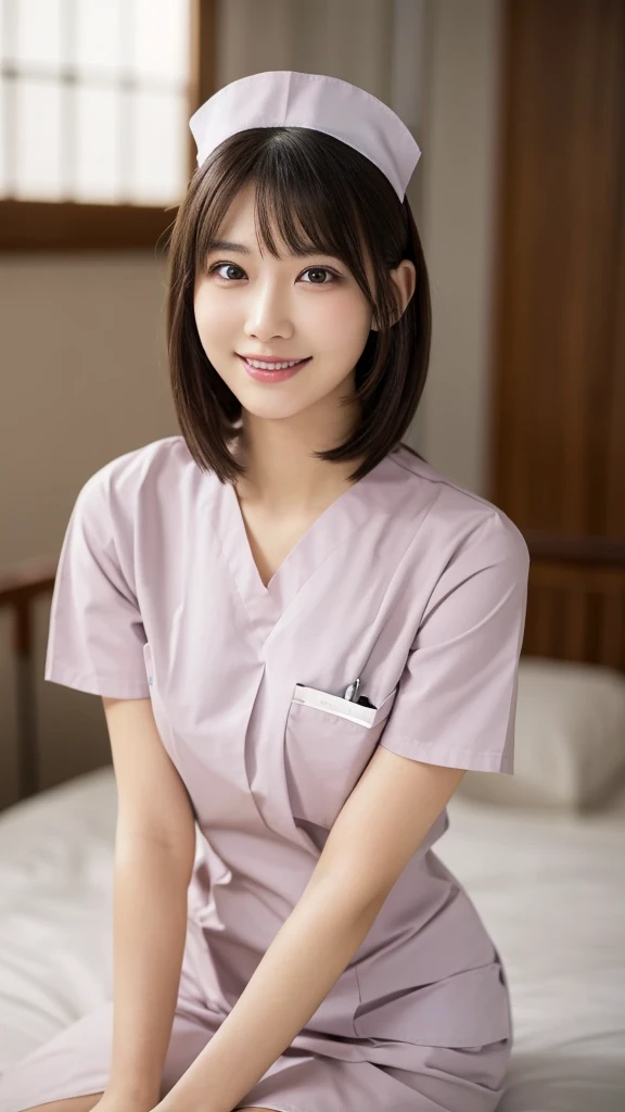 (Highest quality: 1.5), (Realistic: 1.5), (1 person: 1.5), Very detailed, High resolution, 8k,Natural color lips, Cute Smile, Japanese women, 20-year-old girl, Beautiful and elegant features, Perfect and beautiful face, Balanced big eyes, Beautiful and elegant features, Natural double eyelids, Natural Bangs, Beautiful thin nose, Beautiful Skin, Medium Bob Hair , Natural Bangs , Perfect and beautiful face, Slim face and figure, (Looking at the camera with a sweet smile), Bright lighting, Professional Lighting, Forward lighting, Beautiful feet: 1.2, Smooth Skin, Slender body, Slim waistline, slim thin thighs, Detailed clothing,  (real short nurse uniform:1.2), (nurse:1.4), Ultra HD, Realistic, hospital, Light Pink
