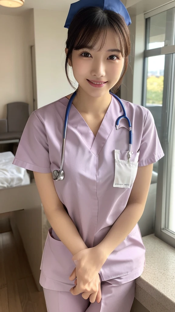 (Highest quality: 1.5), (Realistic: 1.5), (1 person: 1.5), Very detailed, High resolution, 8k,Natural color lips, Cute Smile, Japanese women, 20-year-old girl, Beautiful and elegant features, Perfect and beautiful face, Balanced big eyes, Beautiful and elegant features, Natural double eyelids, Natural Bangs, Beautiful thin nose, Beautiful Skin, Medium Bob Hair , Natural Bangs , Perfect and beautiful face, Slim face and figure, (Looking at the camera with a sweet smile), Bright lighting, Professional Lighting, Forward lighting, Beautiful feet: 1.2, Smooth Skin, Slender body, Slim waistline, slim thin thighs, Detailed clothing,  (real short nurse uniform:1.2), (nurse:1.4), Ultra HD, Realistic, hospital, Light Pink
