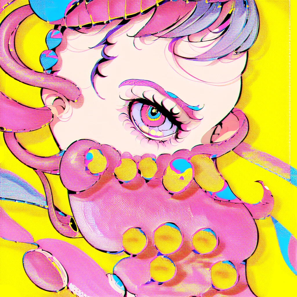 (masterpiece), Highest quality, One girl, Part your lips, Upper Body, bangs, Pastel background,((Halftone Screen,popart,Mixed Media)),((Lichtenstein-style drawing)),(blue eyes,Wearing headphones)