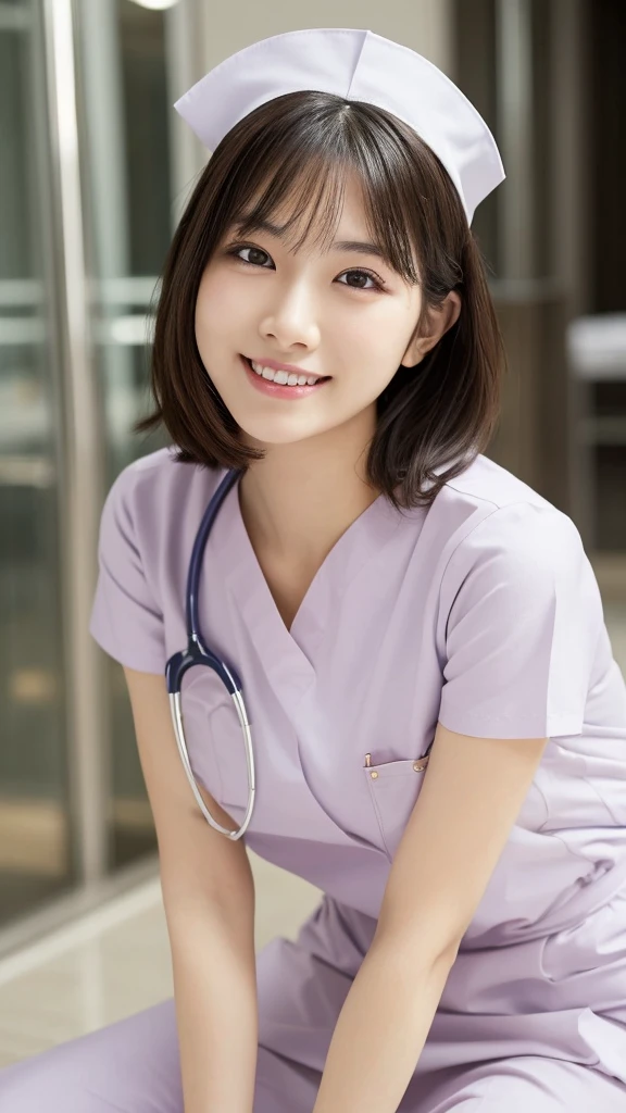(Highest quality: 1.5), (Realistic: 1.5), (1 person: 1.5), Very detailed, High resolution, 8k,Natural color lips, Cute Smile, Japanese women, 20-year-old girl, Beautiful and elegant features, Perfect and beautiful face, Balanced big eyes, Beautiful and elegant features, Natural double eyelids, Natural Bangs, Beautiful thin nose, Beautiful Skin, Medium Bob Hair , Natural Bangs , Perfect and beautiful face, Slim face and figure, (Looking at the camera with a sweet smile), Bright lighting, Professional Lighting, Forward lighting, Beautiful feet: 1.2, Smooth Skin, Slender body, Slim waistline, slim thin thighs, Detailed clothing, (real short nurse uniform:1.2), (nurse:1.4), Ultra HD, Realistic, hospital, Light Pink