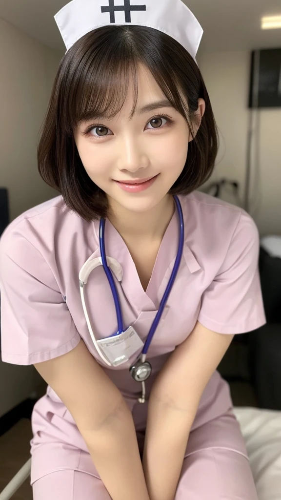 (Highest quality: 1.5), (Realistic: 1.5), (1 person: 1.5), Very detailed, High resolution, 8k,Natural color lips, Cute Smile, Japanese women, 20-year-old girl, Beautiful and elegant features, Perfect and beautiful face, Balanced big eyes, Beautiful and elegant features, Natural double eyelids, Natural Bangs, Beautiful thin nose, Beautiful Skin, Medium Bob Hair , Natural Bangs , Perfect and beautiful face, Slim face and figure, (Looking at the camera with a sweet smile), Bright lighting, Professional Lighting, Forward lighting, Beautiful feet: 1.2, Smooth Skin, Slender body, Slim waistline, slim thin thighs, Detailed clothing, (real short nurse uniform:1.2), (nurse:1.4), Ultra HD, Realistic, hospital, Light Pink