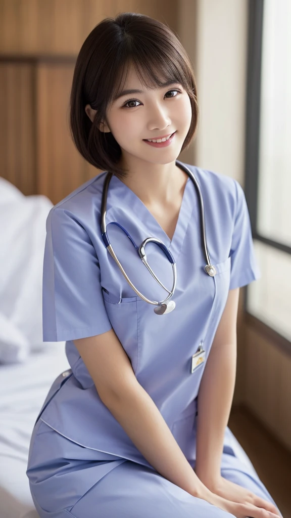 (Highest quality: 1.5), (Realistic: 1.5), (1 person: 1.5), Very detailed, High resolution, 8k,Natural color lips, Cute Smile, Japanese women, 20-year-old girl, Beautiful and elegant features, Perfect and beautiful face, Balanced big eyes, Beautiful and elegant features, Natural double eyelids, Natural Bangs, Beautiful thin nose, Beautiful Skin, Medium Bob Hair , Natural Bangs , Perfect and beautiful face, Slim face and figure, (Looking at the camera with a sweet smile), Bright lighting, Professional Lighting, Forward lighting, Beautiful feet: 1.2, Smooth Skin, Slender body, Slim waistline, slim thin thighs, Detailed clothing,  (real short nurse uniform:1.2), (nurse:1.4), Ultra HD, Realistic, hospital, Light Pink
