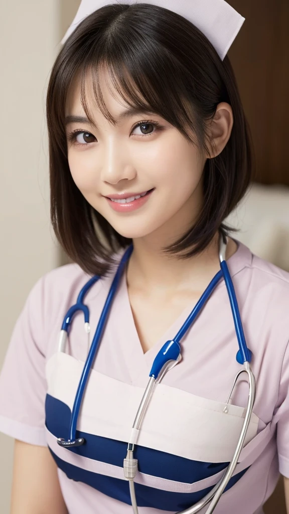 (Highest quality: 1.5), (Realistic: 1.5), (1 person: 1.5), Very detailed, High resolution, 8k,Natural color lips, Cute Smile, Japanese women, 20-year-old girl, Beautiful and elegant features, Perfect and beautiful face, Balanced big eyes, Beautiful and elegant features, Natural double eyelids, Natural Bangs, Beautiful thin nose, Beautiful Skin, Medium Bob Hair , Natural Bangs , Perfect and beautiful face, Slim face and figure, (Looking at the camera with a sweet smile), Bright lighting, Professional Lighting, Forward lighting, Beautiful feet: 1.2, Smooth Skin, Slender body, Slim waistline, slim thin thighs, Detailed clothing,  (real short nurse uniform:1.2), (nurse:1.4), Ultra HD, Realistic, hospital, Light Pink
