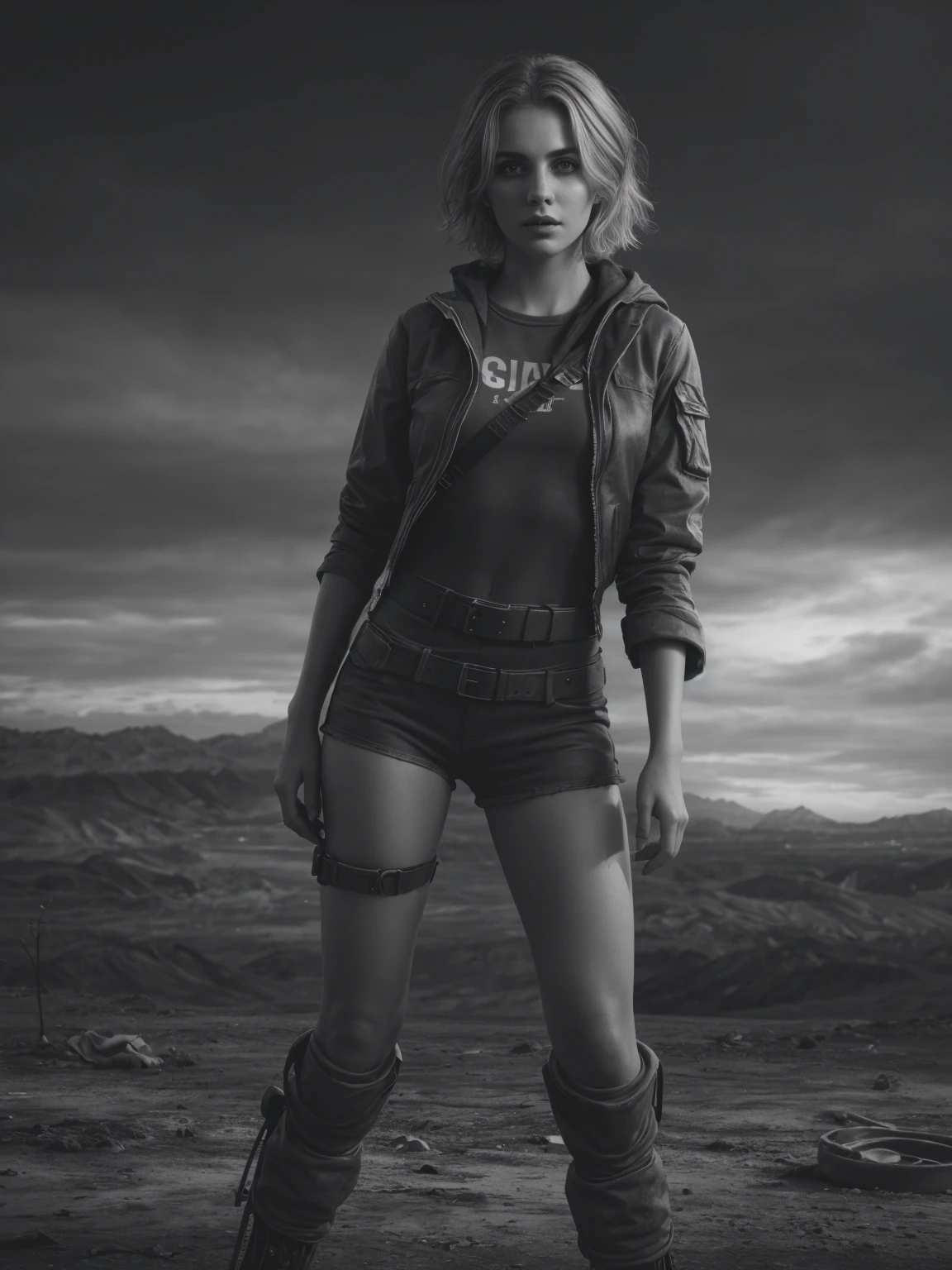 Photorealistic, masterpiece grayscale photo, woman with messy hair and poor minuscule postapocalyptic clothes, cute sexy, (detailed wastelands background), ultra sharp focus, detailed face, (((posing))), random hair color, short hair, beautiful eyes, full body, high quality black and white image