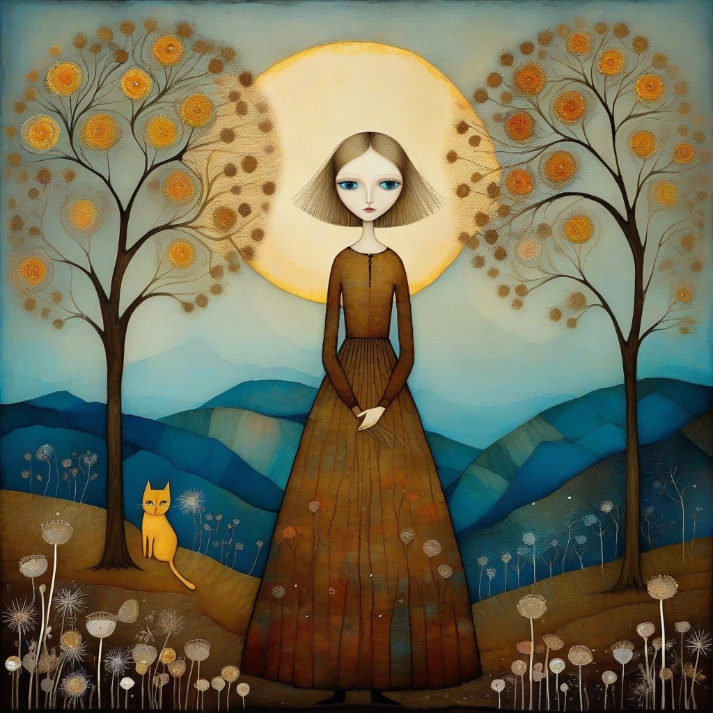 In the style of Andy Kehoe and Paul Klee. Ethereal woman, dark blond hair, blue eyes, wearing a long dress with dried flower motifs. Around her stylized cats.  Background, hills, trees, blooming dandelion flowers. Bright, masterpiece