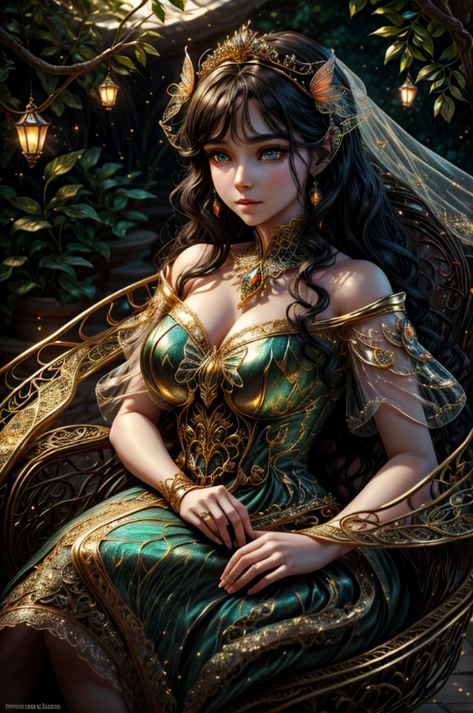 This is、It's a masterpiece of realistic fantasy with lots of sparkles, Glitter, and intricate ornate details. Produces one  woman with a beautiful delicate crown sitting on a garden swing at night. She is a beautiful and seductive butterfly queen with stunning curly black hair, (((Incredibly realistic and detailed dynamic eyes in bright colors with realistic shading))).  Her skin is translucent white, Her eyes are shining, And her dress is elegant. Her dress is spun with delicate and finest gossamer silk, Convoluted, Delicate floral details and gold silk butterfly sleeves. Her face is lovely and . Include flowers that glow in the dark, Lots of particles, Highly realistic fantasy butte fly with translucent gem-colored wings and fine details, And shine. Artwork done in the style of Guviz、Trending fantasy titles from Artstation and Midjourney、Reminds of the masters of this genre. camera: Using dynamic composition techniques、Emphasizes ethereal delicacy and delicate details.