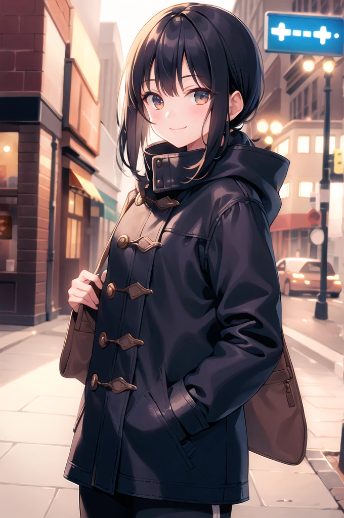 (morning), 1girl, solo, looking at viewer, winter, cowboy shot, (downtown), cowboy shot, smile, black hair